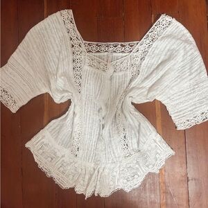 Free People Ivory Crochet Trim Blouse